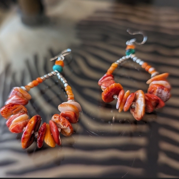 Orange Spiny Oyster Turquoise Sterling Silver Hoop Drop Earrings HM OAK - Picture 3 of 4